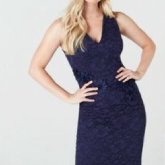 NWT Maggy London Navy Valentine Midi Dress with 3-d floral appliques Sz. 6 - Picture 2 of 13